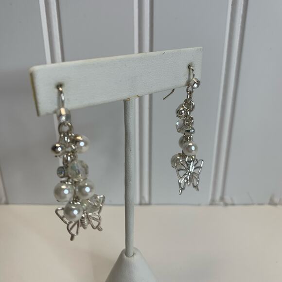 Butterfly Silver Pearl Crystal Bead Dangle Earrings 1 3/4" - Picture 3 of 4